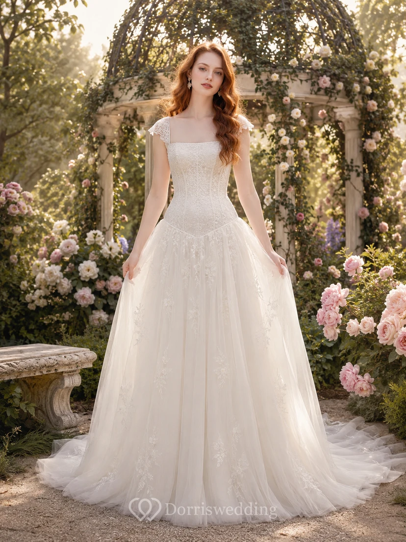 Robe de mariée champêtre en tulle à col carré et taille basse