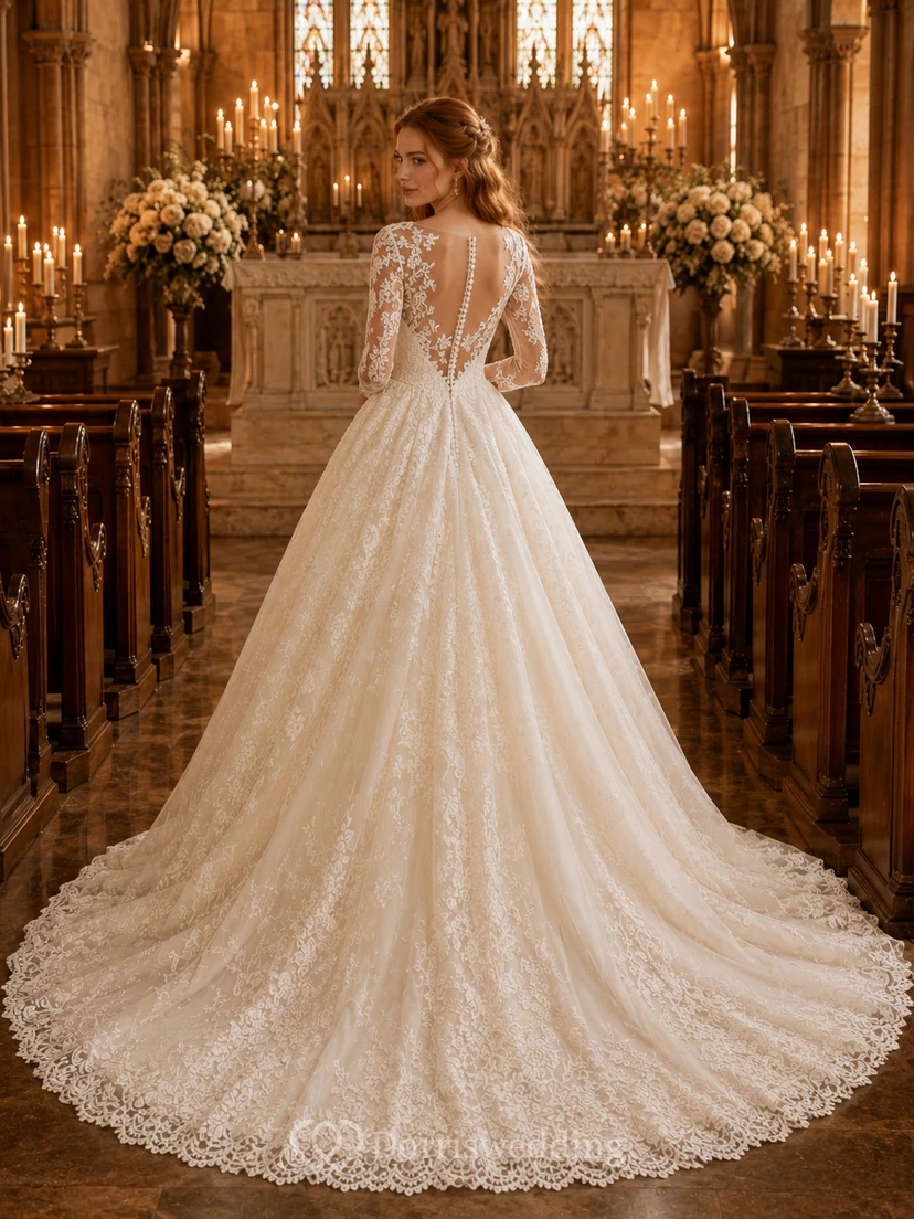 Romantic Long Sleeve Lace Ball Gown Chapel Bridal Dress view 2