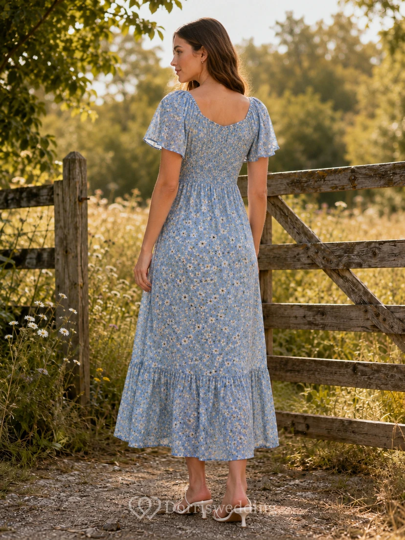 Blue Puff Sleeve Meadow Floral A Line Midi Dress view 2