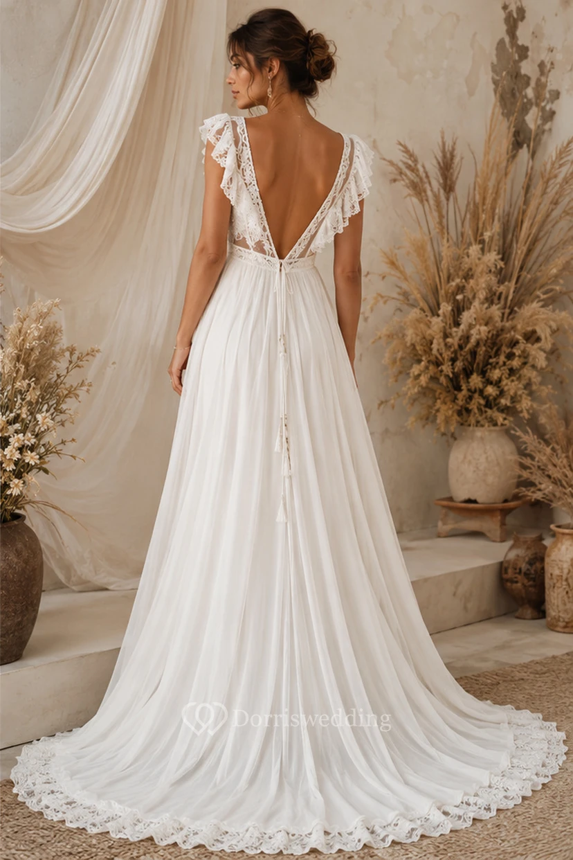 Boho Lace Wedding Dress with Tie Shoulder Straps, Plunging V-Neck & Empire A-Line Chiffon Skirt view 2