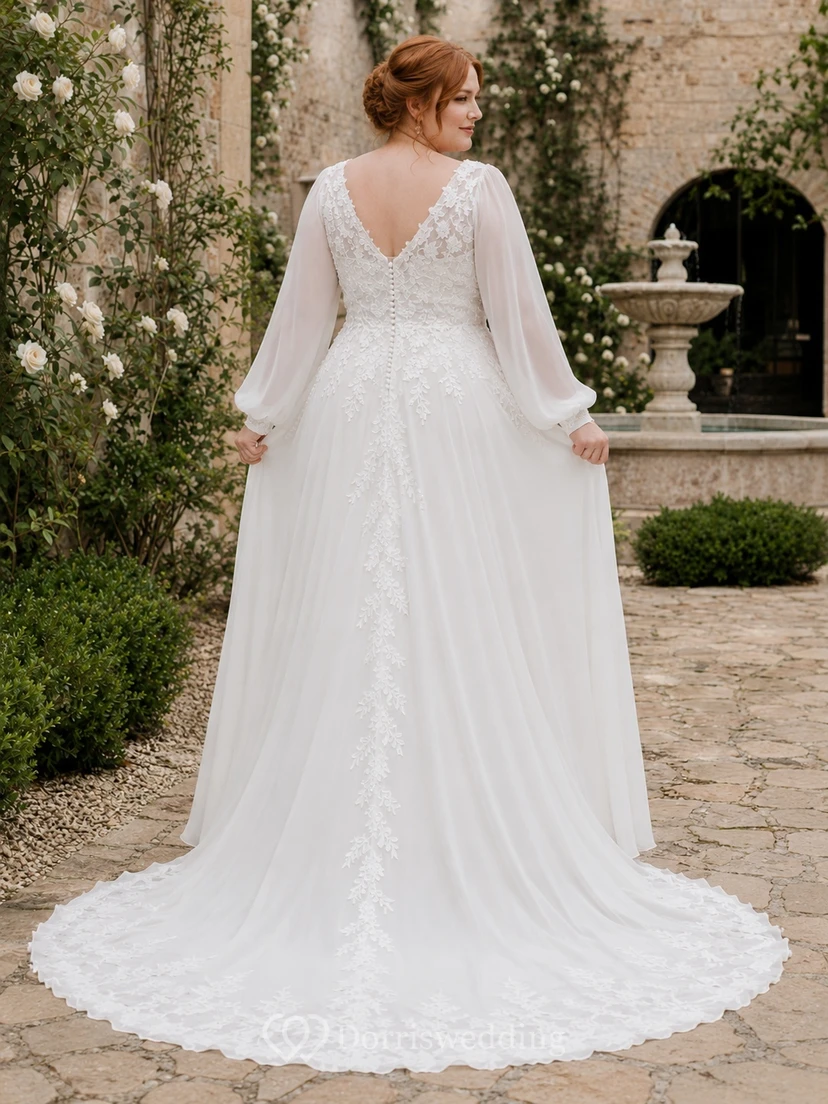 Romantisches Brautkleid in Übergröße mit langen Ärmeln, V-Ausschnitt, Chiffon, A-Linie und großer Oberweite view 2