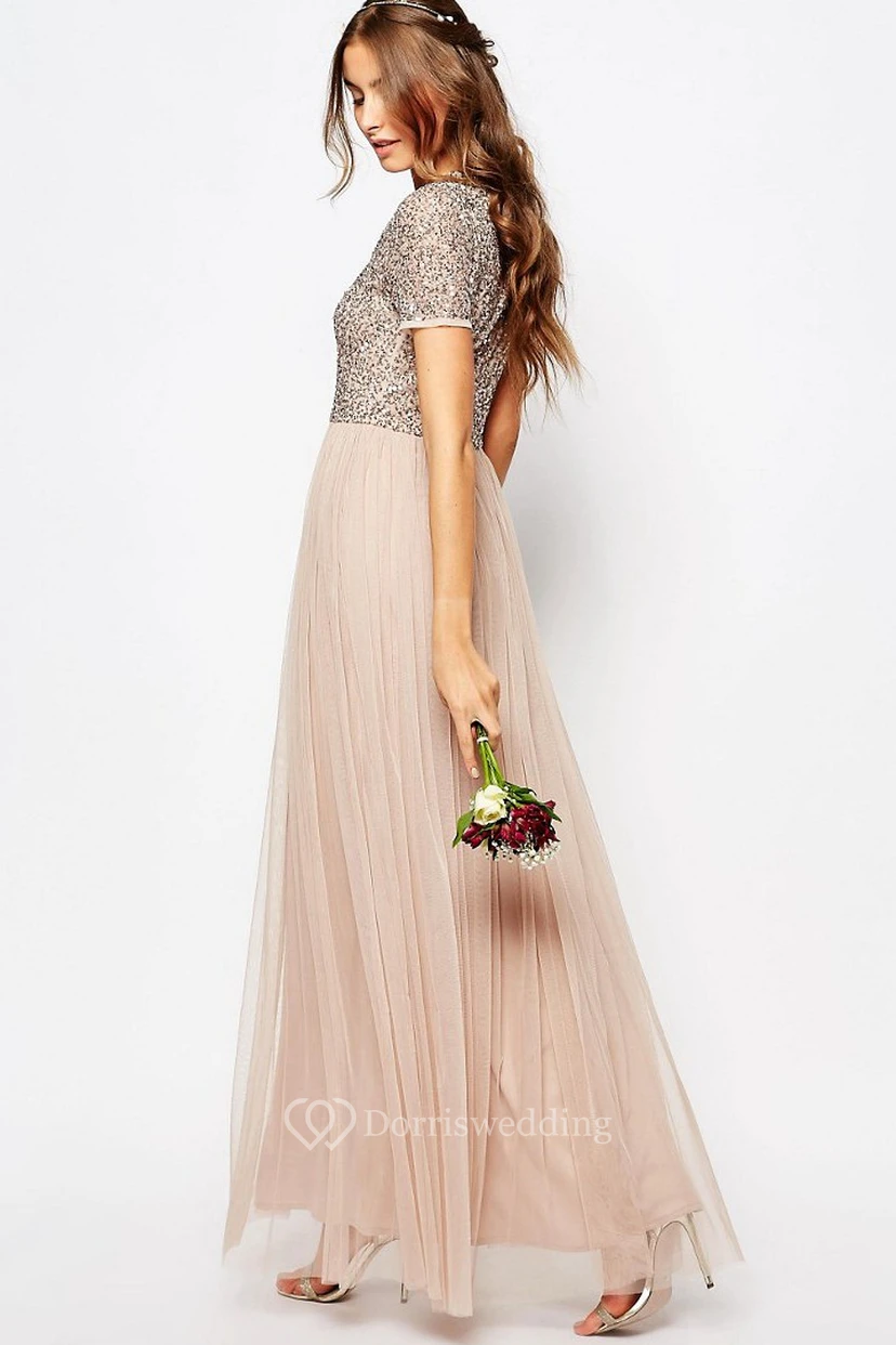Ankle-Length V-Neck Sequined Short Sleeve Tulle Bridesmaid Dress With Pleats view 2