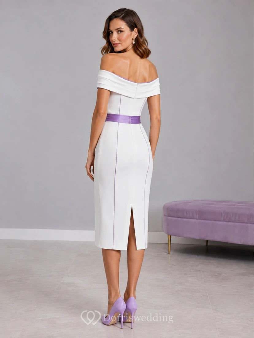 White Lavender Sash Off-the-shoulder Sheath Knee-length Formal Cocktail Dress view 2