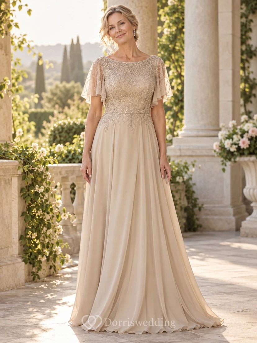 Champagne Formal Jewel-Neck Flutter-Sleeve Beaded-Lace Chiffon Flowing A-Line Trailing Evening Gown