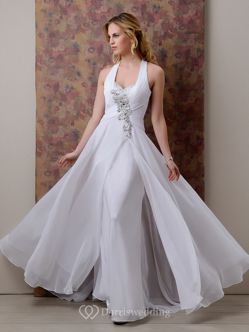 Chiffon A-Line Halter Wedding Dress With Ruching And Crystal Detailing