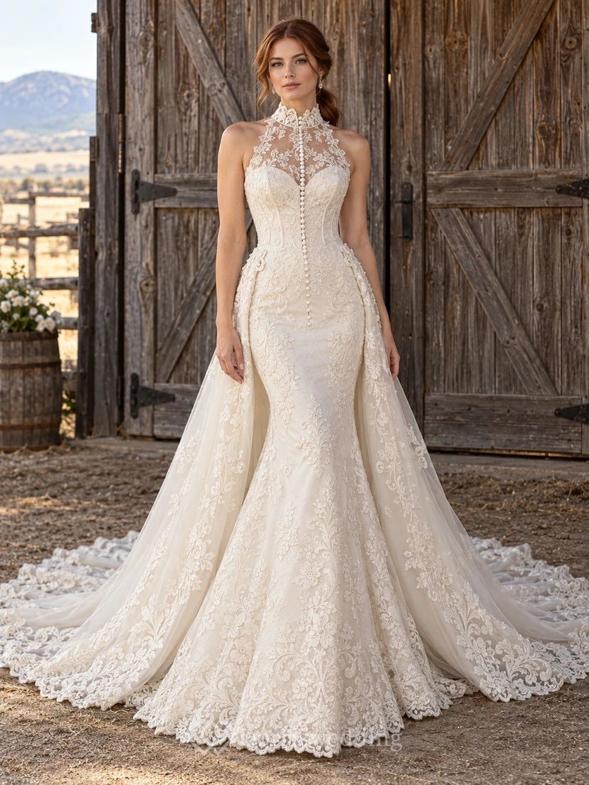 Country Halter High Neck Mermaid Floral Lace Train Wedding Dress