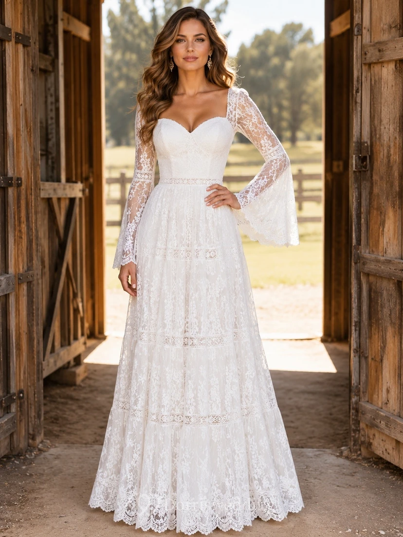 Bohemian Sweetheart Lace Long Sleeve Country Wedding Dress