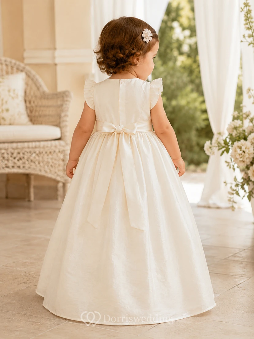 Vestido de bautizo de seda dupioni, corte A, corpiño de encaje, manga corta, elegante, romántico, adorable, con detalles de joyas. view 2