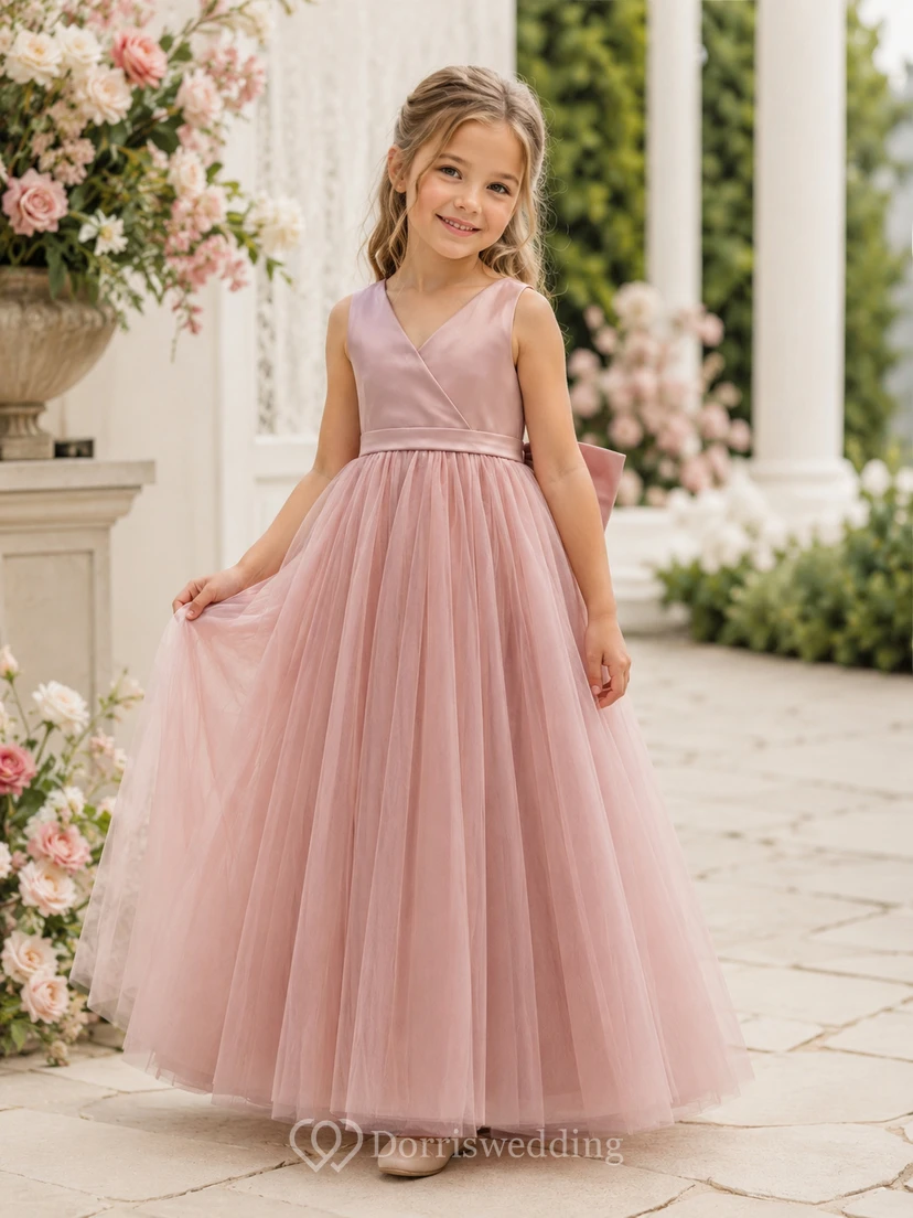 Water Melon V-neck Sleeveless A-line Tulle Pleated Flowergirl Dress video preview