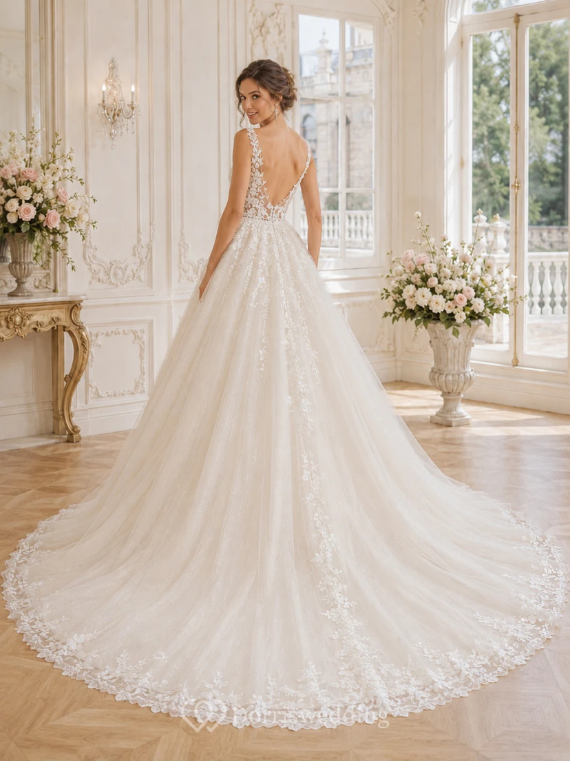 Robe de bal princesse en dentelle et tulle, robe de bal, col en V, sans manches, train chapelle view 2
