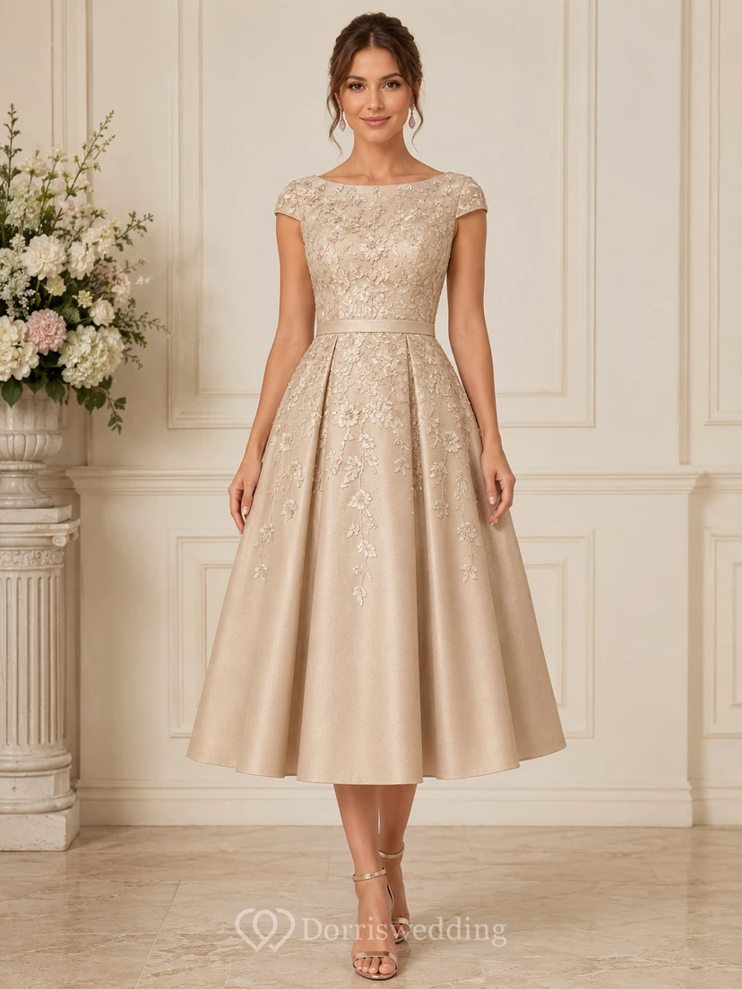 Champagne Lace Cap Sleeve Tea-Length Formal Dress