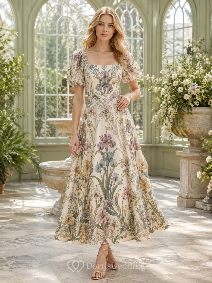 Vestido midi de invitada con mangas abullonadas y estampado floral estilo Art Nouveau