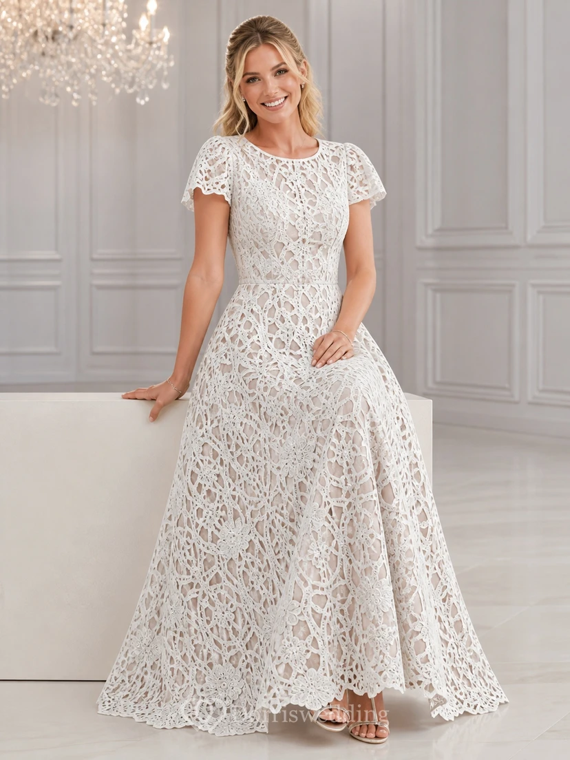 Vestido de novia bohemio modesto de talla grande con escote redondo, encaje y mangas cortas, corte en A