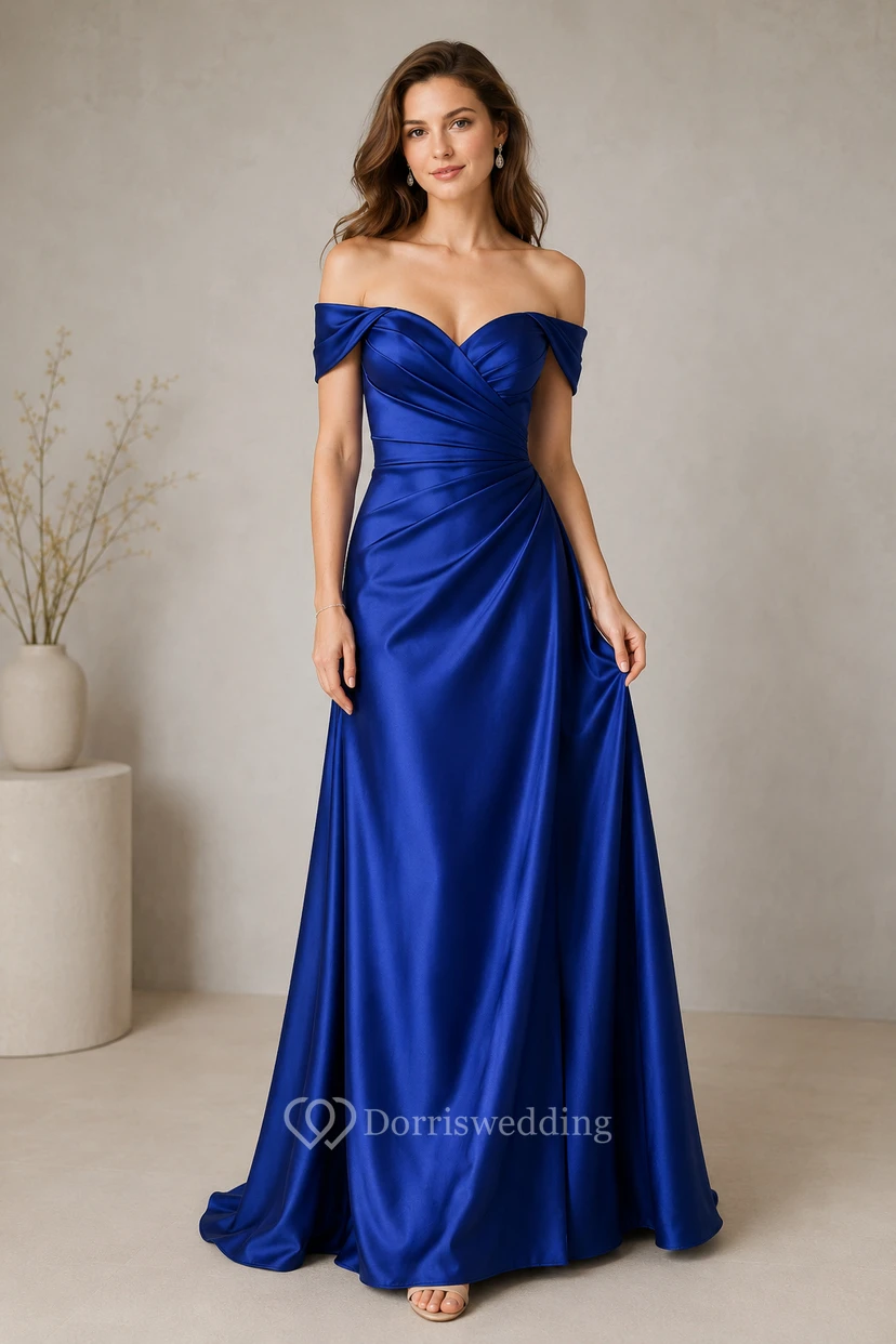 Königsblaues schulterfreies A-Linien-Abendkleid aus Satin