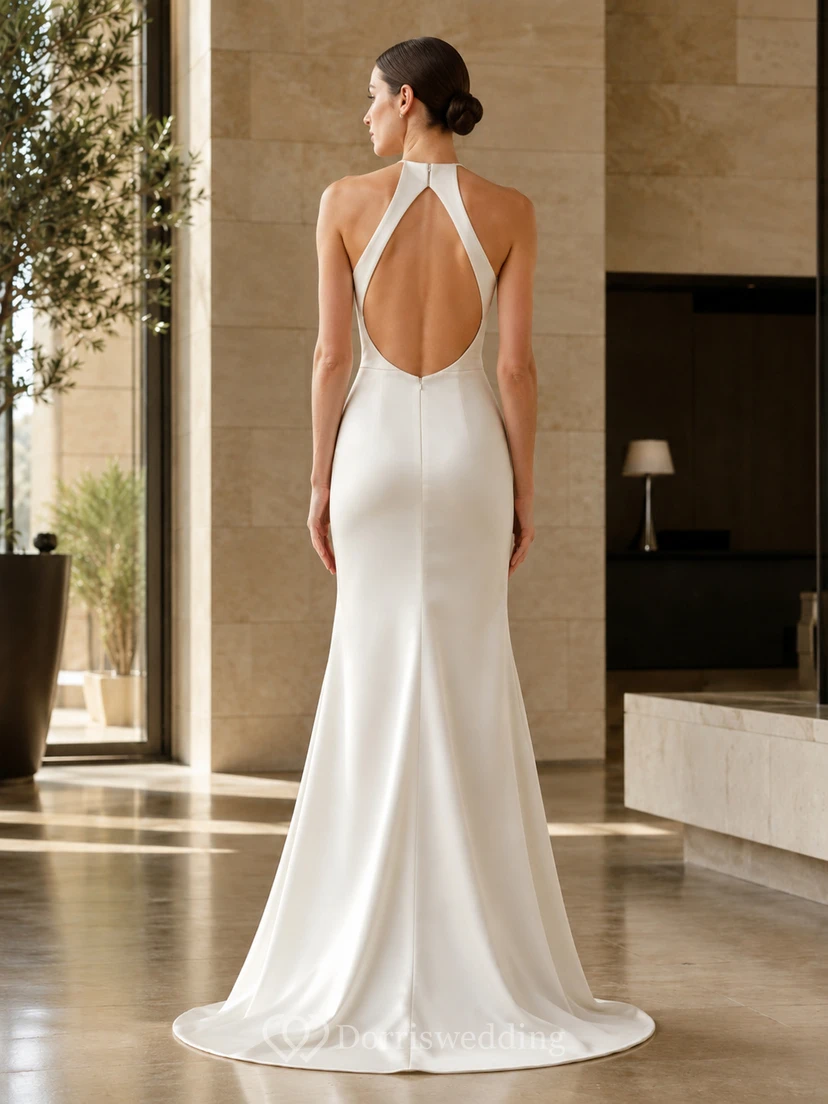 Sleek Civil Satin Mermaid Halter High Neck Floor Train Wedding Gown view 2