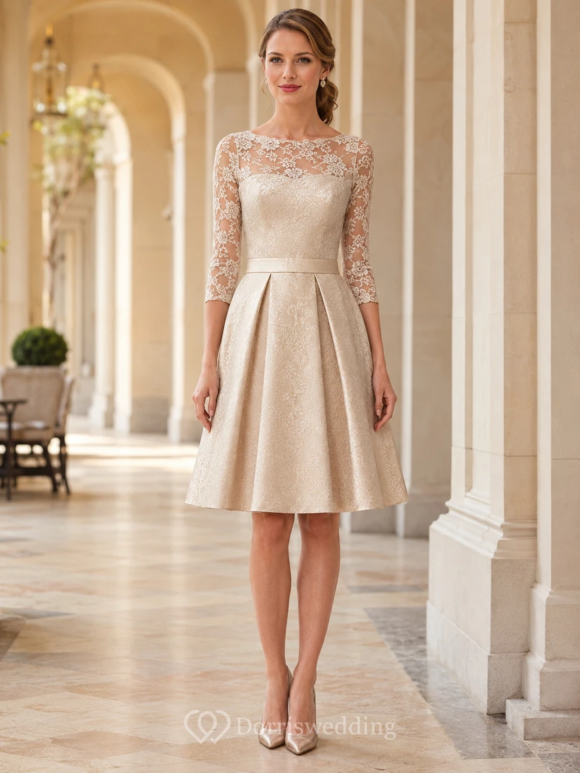 Robe de confirmation trapèze en satin à manches trois quarts en dentelle illusion de bateau champagne
