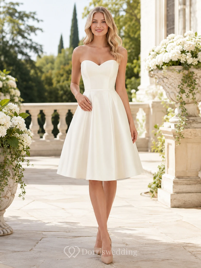 1950s Satin Ivory A-Line Knee-length Strapless Sweetheart Sleeveless Vintage Elegant Cocktail Guest Reception Dress