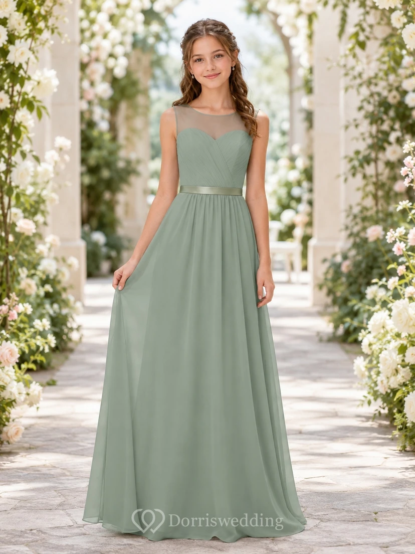 Celadonfarbenes Brautjungfernkleid für junge Mädchen, A-Linie, Rundhalsausschnitt, ärmellos, elegant