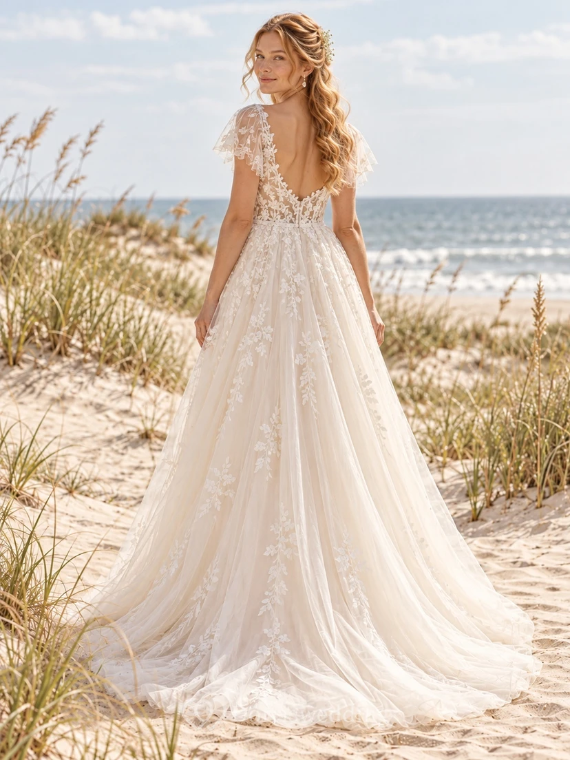 Boho Flutter Sleeve Sweetheart Illusion Floral A-Line Wedding Dress view 2