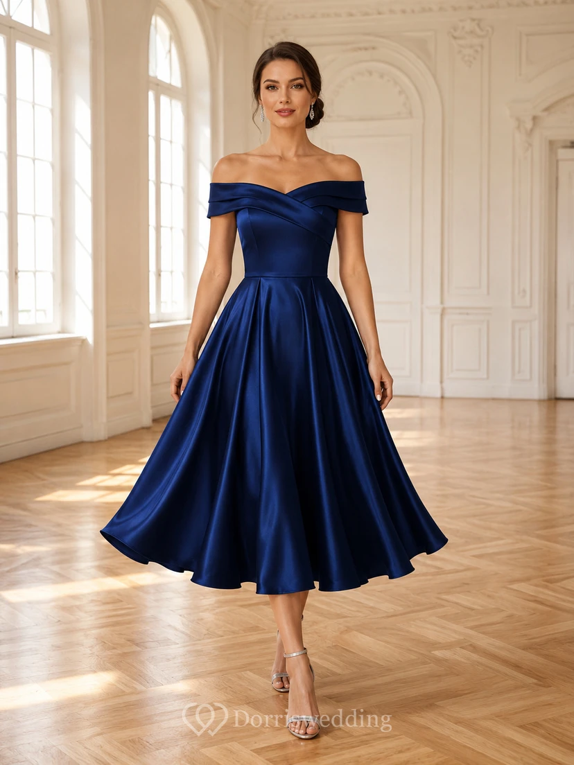 Dunkelblaues, schulterfreies, plissiertes Satin-A-Linien-Kleid in Teelänge für den Tanzstundenabschlussball