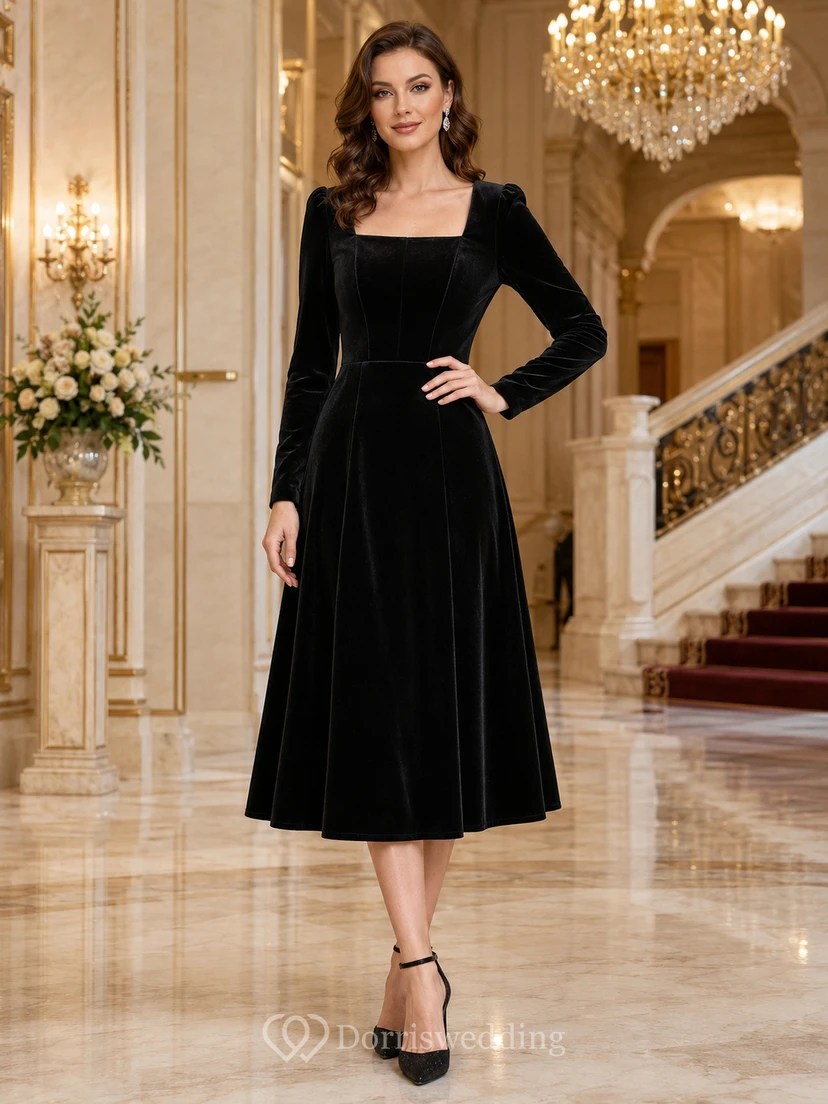 Robe midi de théâtre en velours noir à col carré et manches longues, coupe trapèze