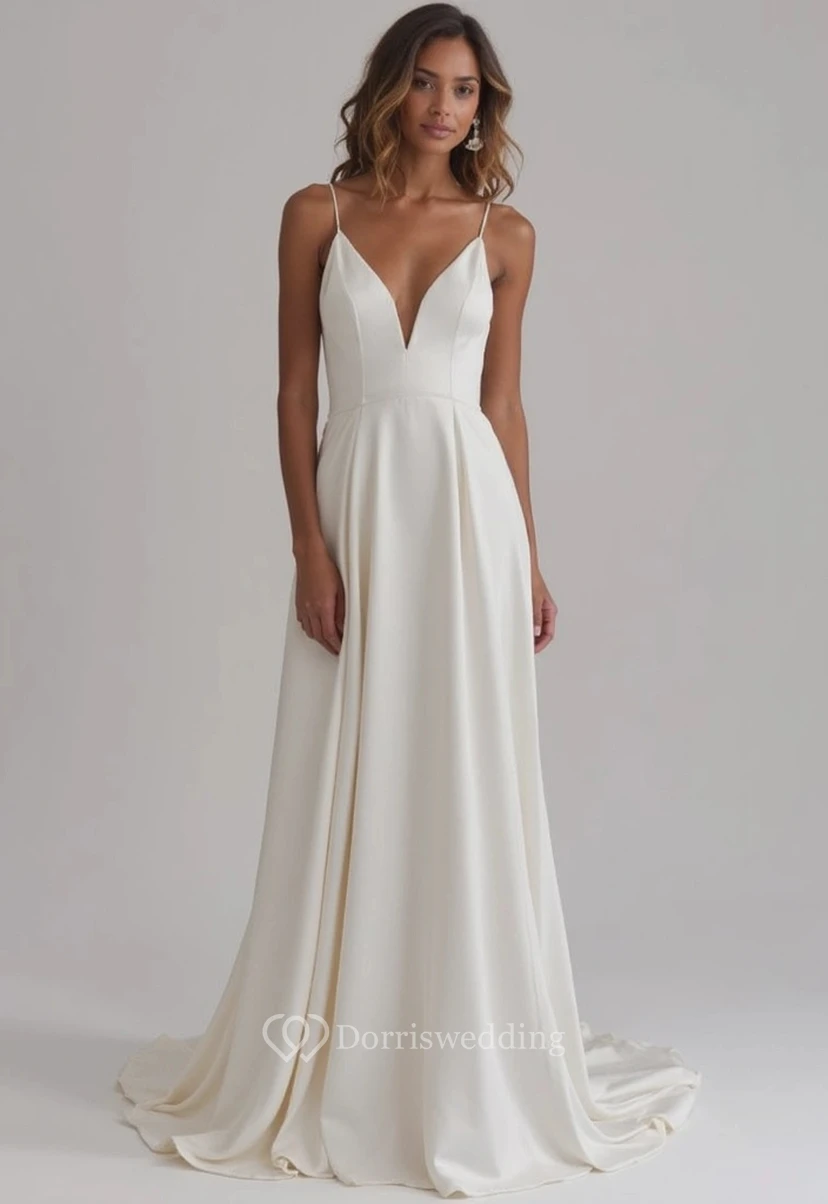Simple Spaghetti V-neck Satin Chiffon Dress