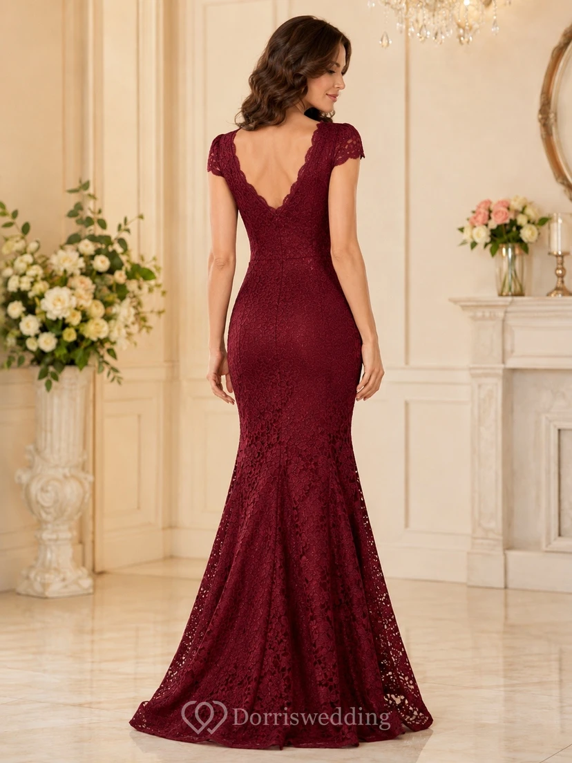 Burgundy Velvet V-Neck Cap-Sleeve Mermaid Sweep-Train Formal Dress view 2