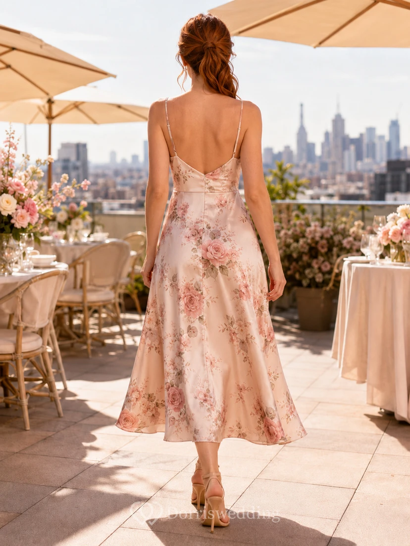 Blush Floral Spaghetti Strap Satin Midi Brunch Dress view 2