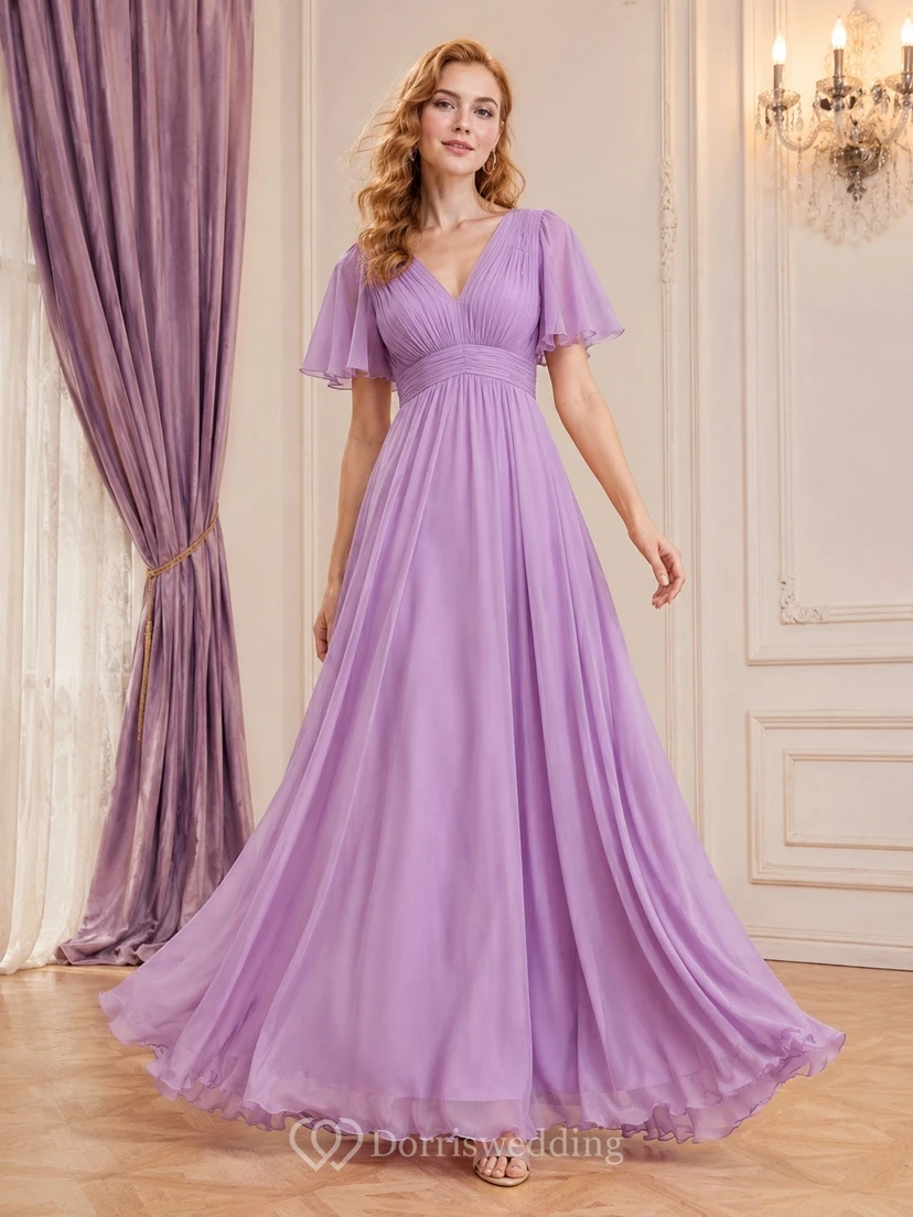 Vintage Lavender V-Neck Puff Sleeve Chiffon Floor-Length Prom Dress