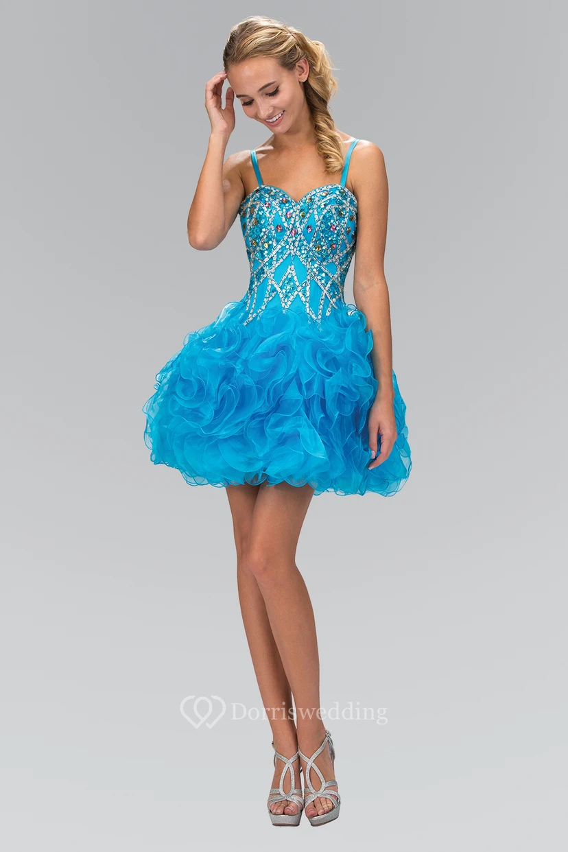 Robe trapèze mini à fines bretelles et sans manches en organza avec fermeture éclair, volants et perles