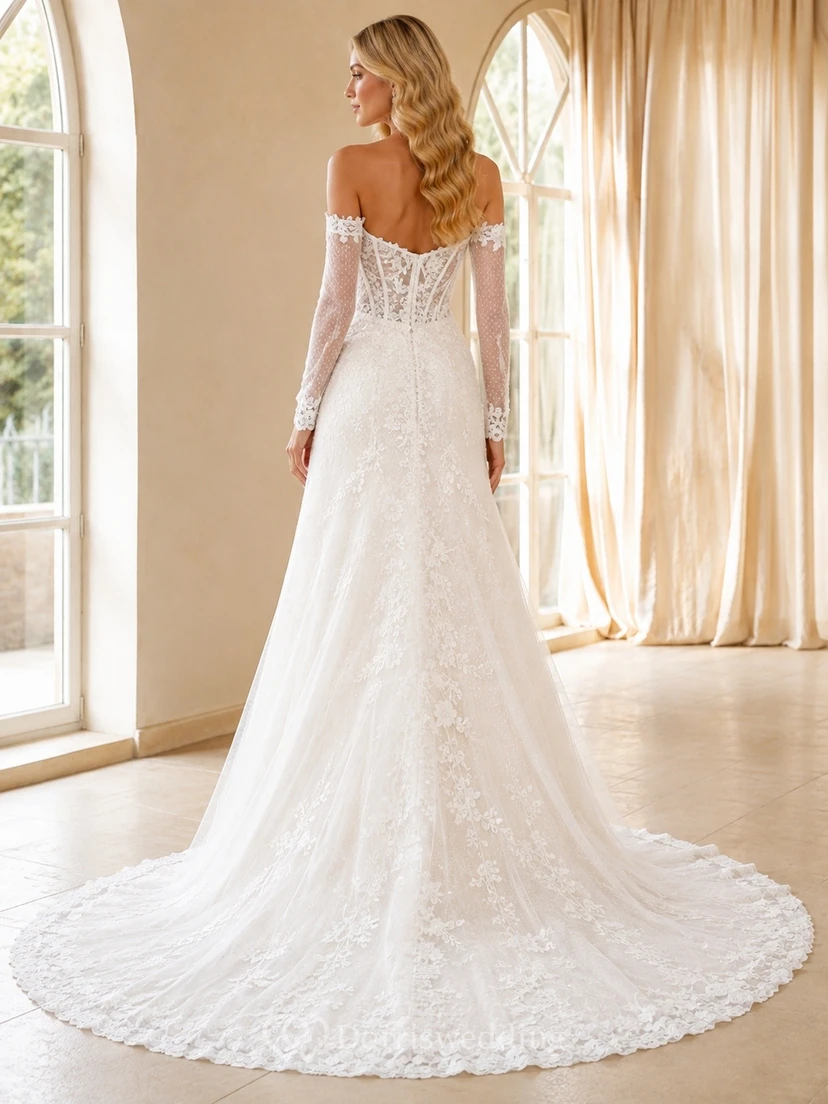 Square Romantic Neck Bridal Classic Wedding Dress A-Line Lace view 2