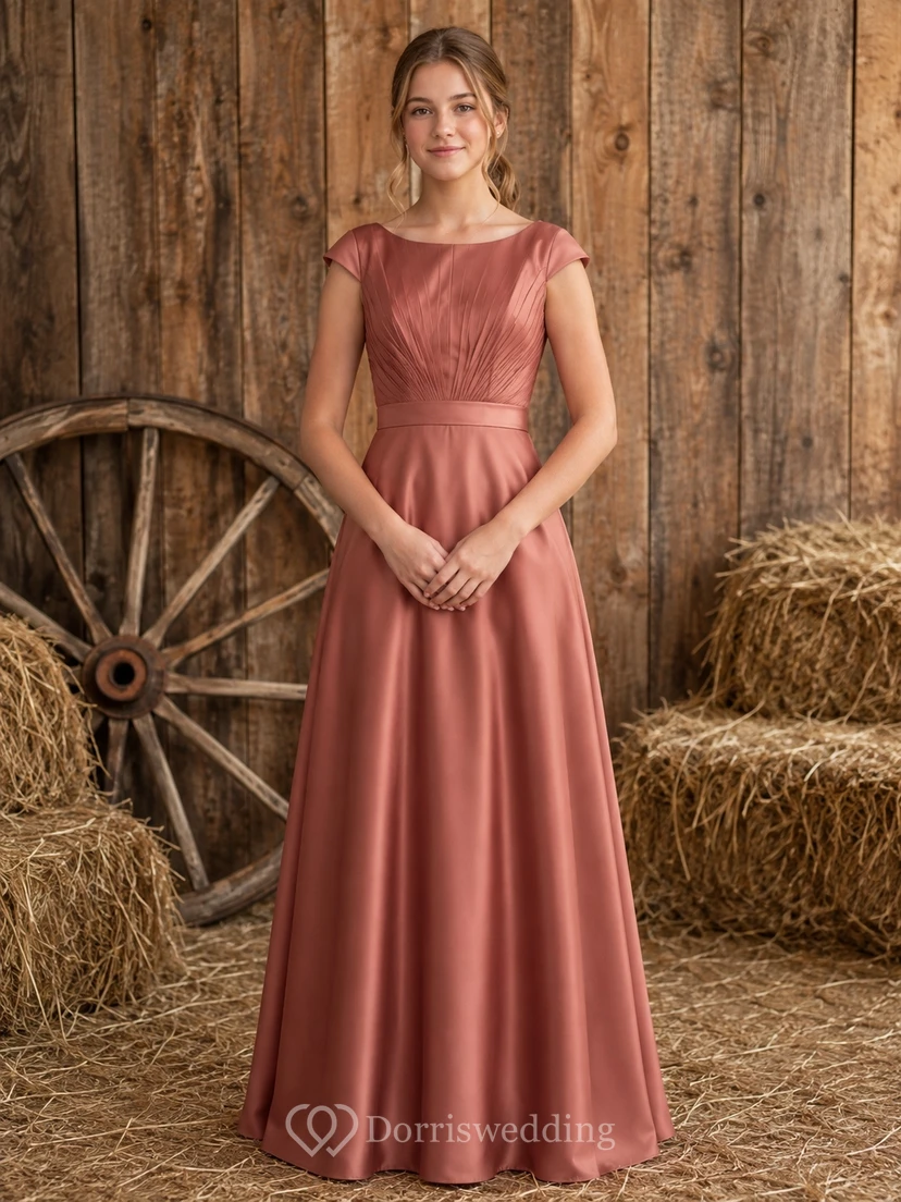 Vintage-Brautjungfernkleid in Mauve, A-Linie, U-Boot-Ausschnitt, kurze Flügelärmel, Falten, romantisch