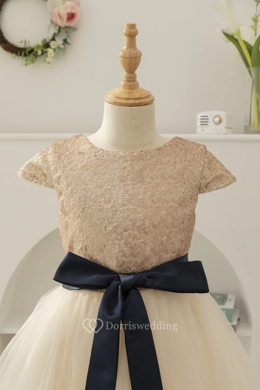 Cap Sequin Tulle Skirt A-line Flowergirl Dress with Ribbon Bow view 7