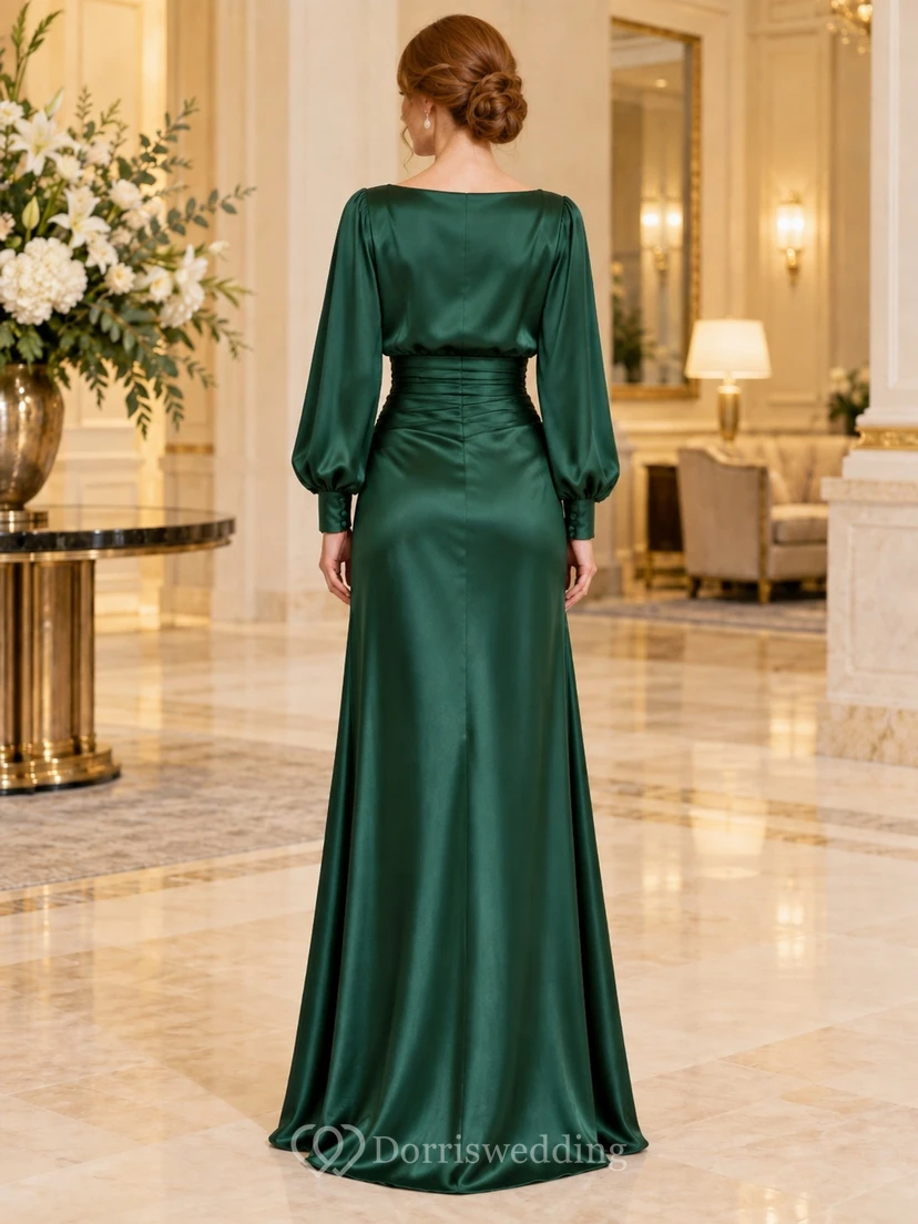 Vestido de noche formal de satén esmeralda, estilo barco, con mangas largas de obispo y cintura fruncida, largo hasta el suelo. view 2