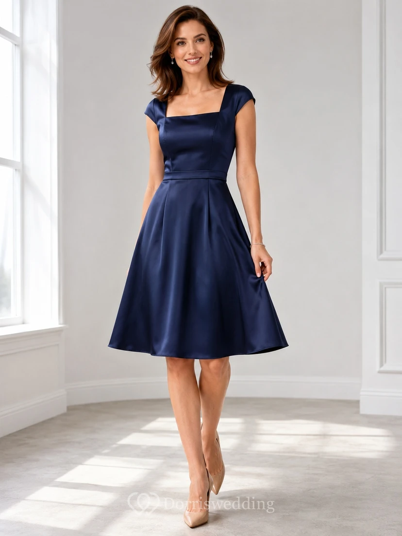 Dark Navy Square Neck Cap Sleeve Satin A-Line Knee-Length Elegant Cocktail Dress