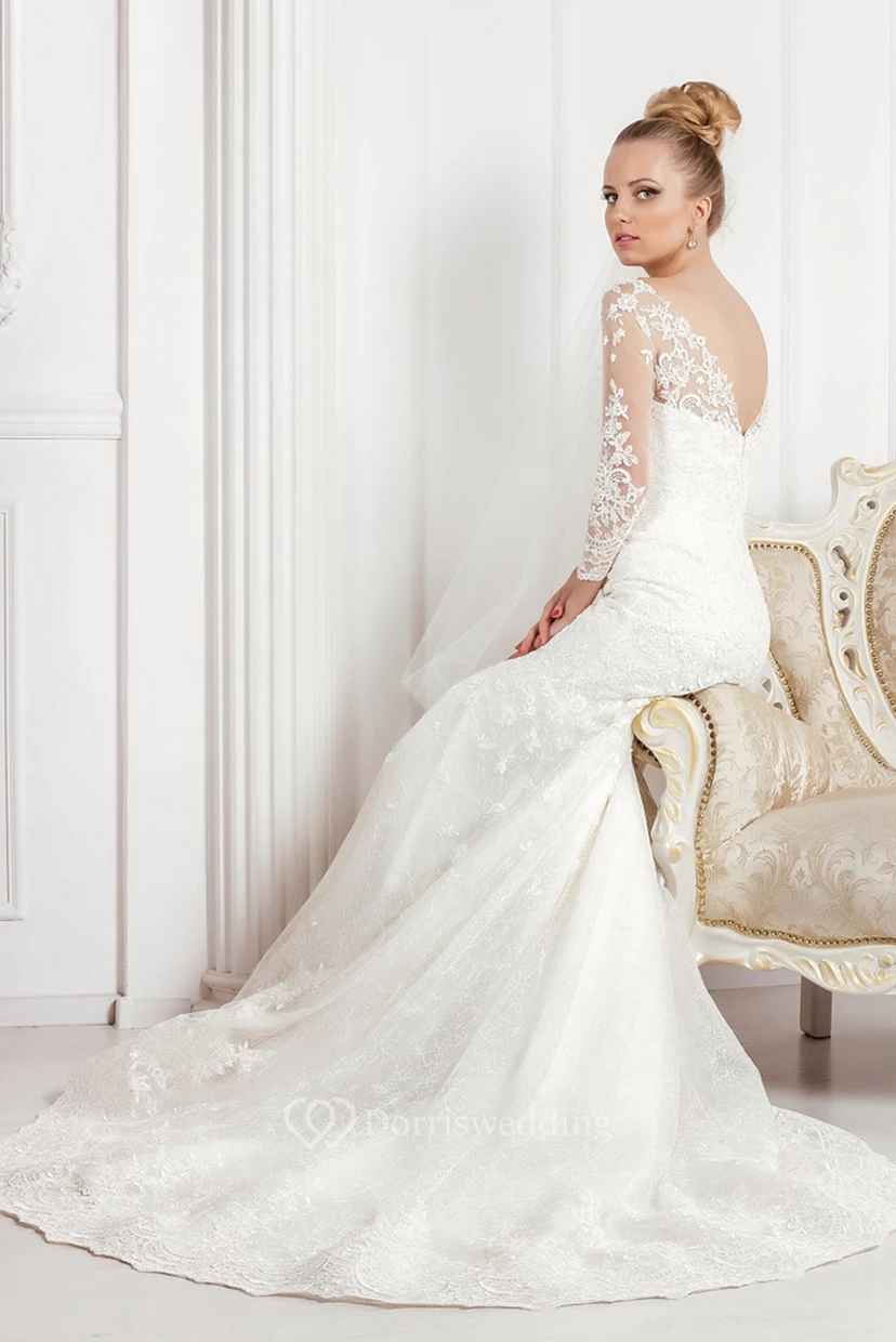 Mermaid Appliqued V-Neck 3-4 Sleeve Lace Wedding Dress With Court Train view 5