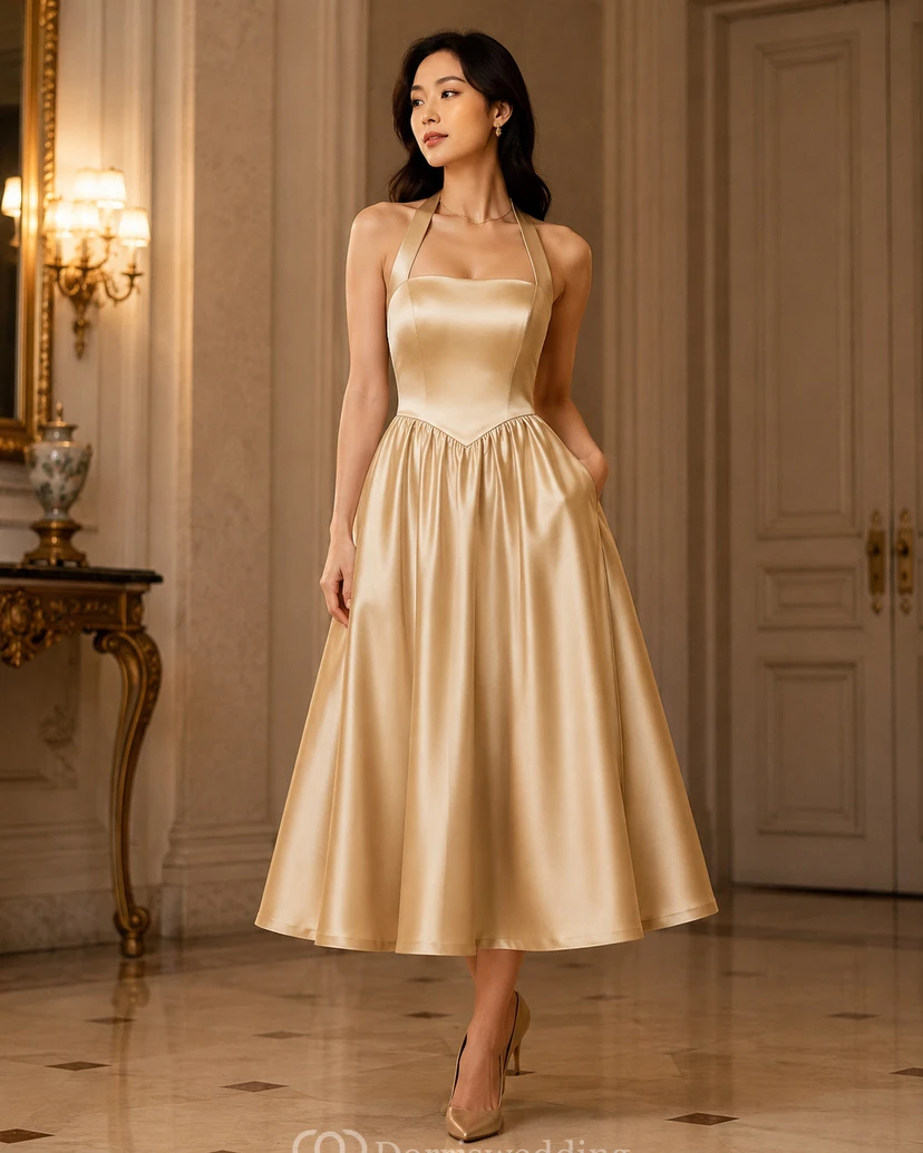 Burgundy Halter A-line Tea-length Dress view 6