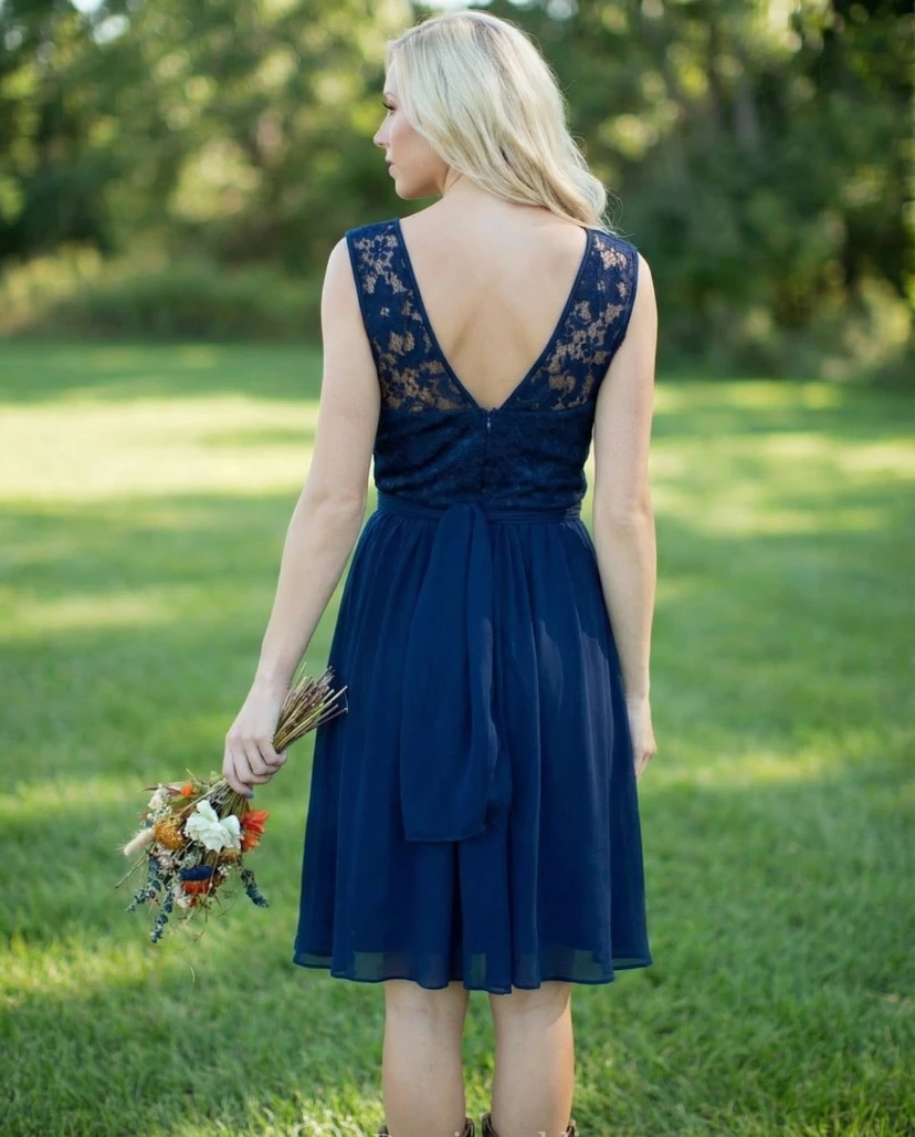 Backless Jewel Neck Chiffon & Lace A-Line Dress view 2