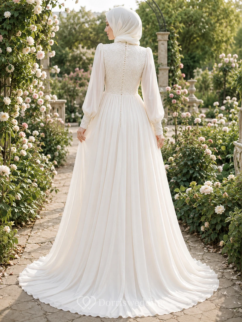 Vestido de novia musulmán modesto de gasa con corpiño de encaje y corte en A para ceremonia en el jardín. view 2