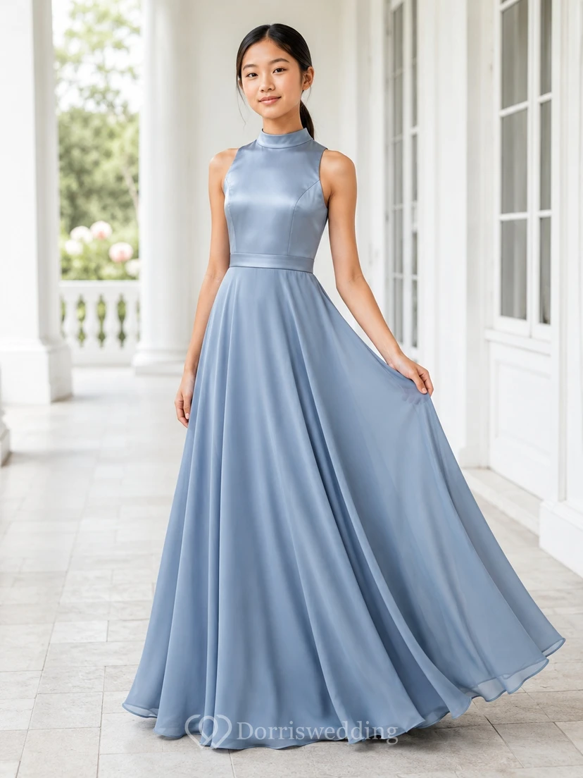 Stahlblaues Brautjungfernkleid für junge Damen, A-Linie, hoher Kragen, ärmellos