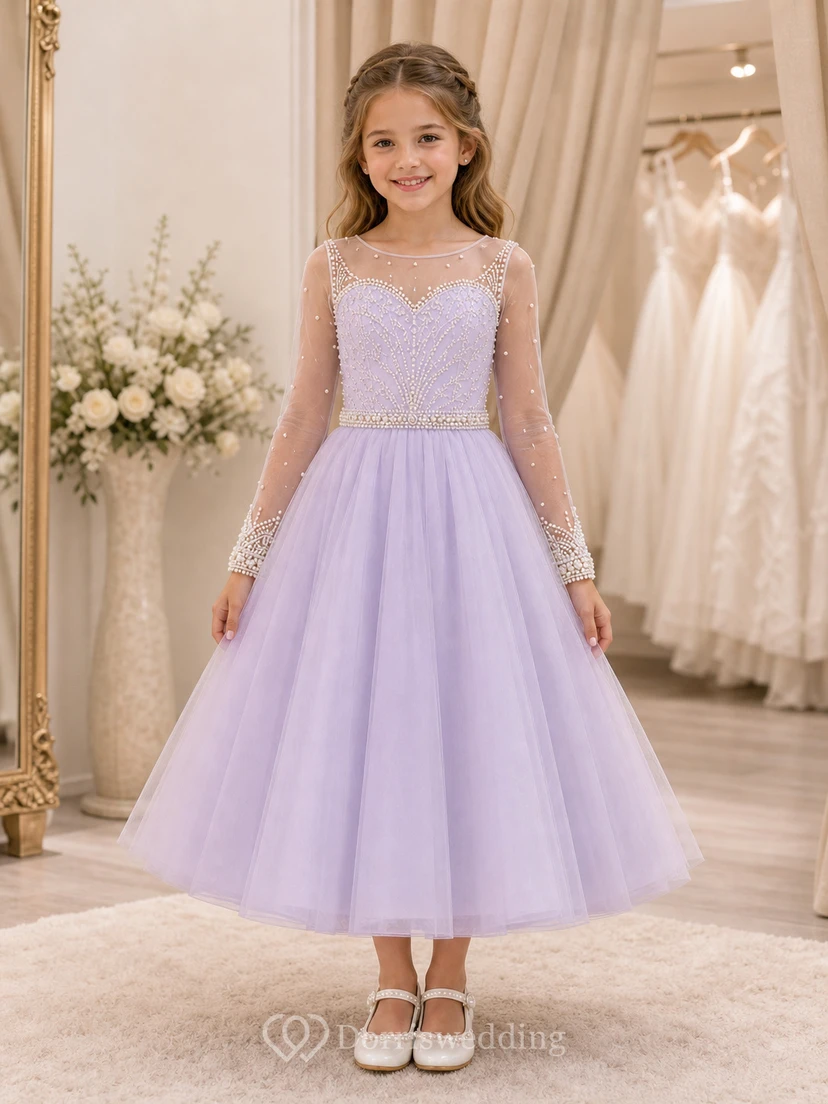 A-line Tea-length Long Sleeve Illusion Tulle Lace Flower Girl Dress with White satin skirt with long illusion lace sleeves view 6
