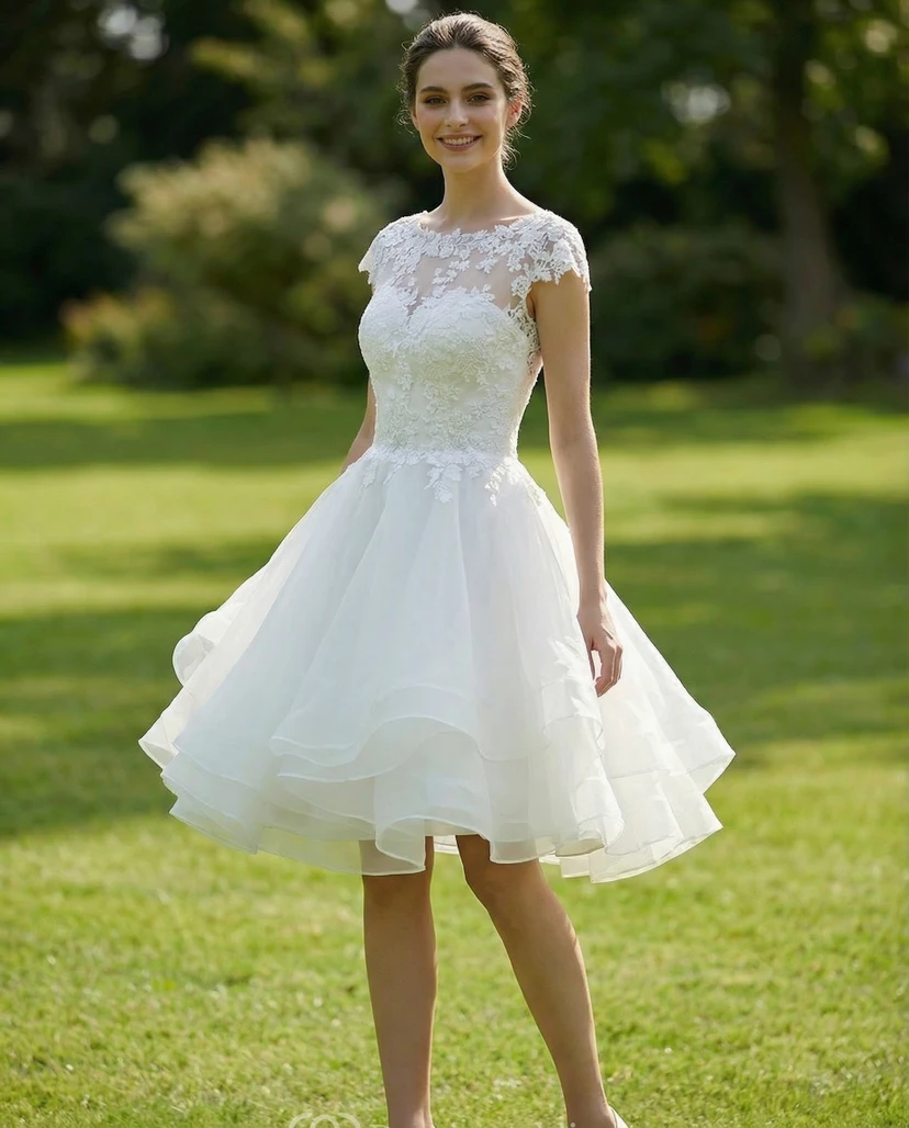 Robe courte en organza à col rond et manches cloche
