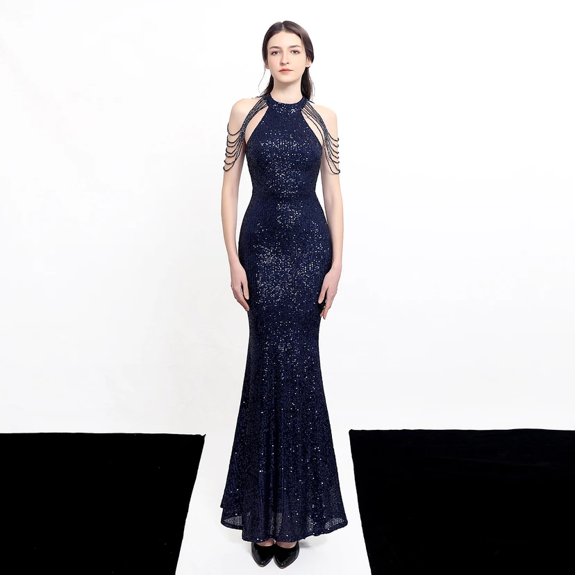 Robe de soirée élégante à col halter et sequins diamants Aura Queen, style banquet temperament