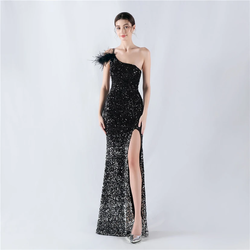 Gradient Velvet Bottom Sequins Craft Beading Ostrich Hair One-Shoulder Oblique Collar High-Slit Evening Dress view 11