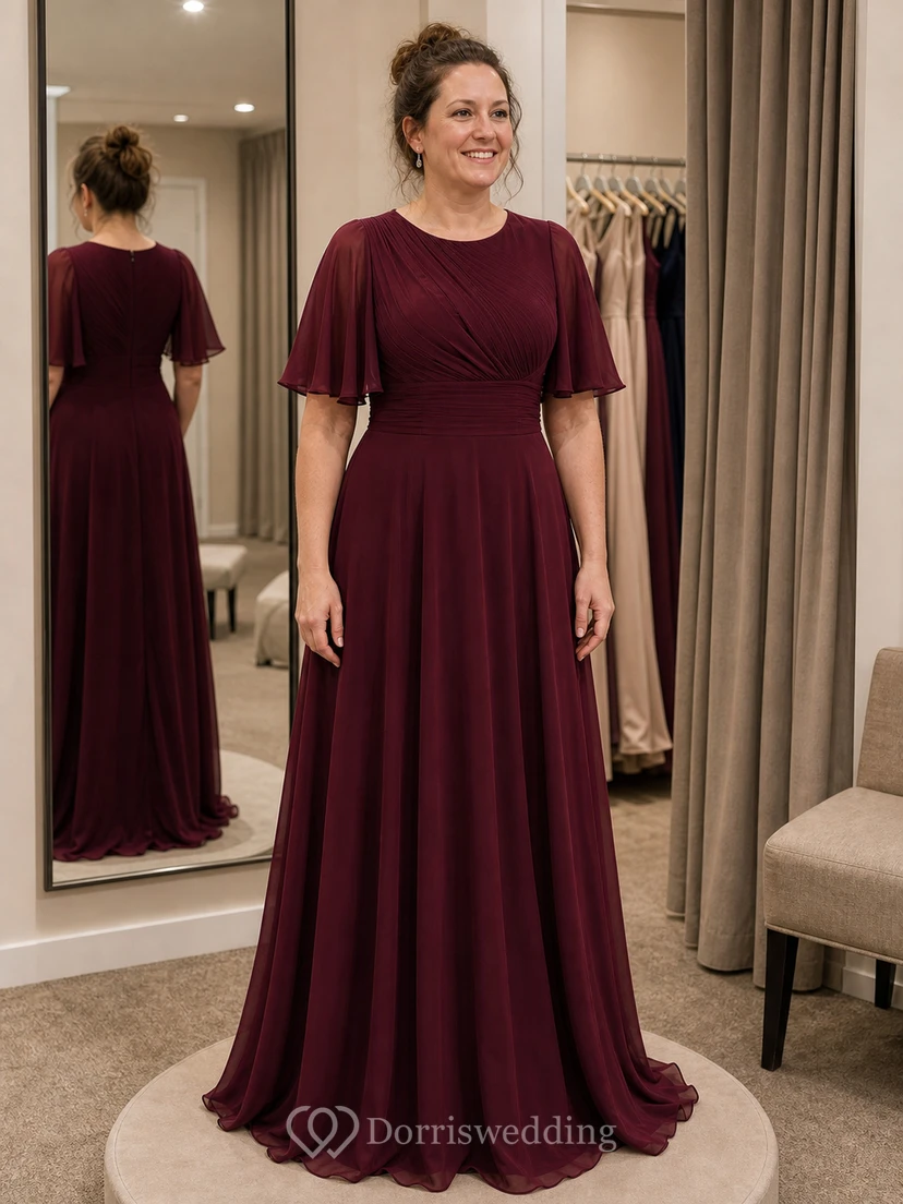 Vestido de noche de corte A de gasa color burdeos discreto con mangas acampanadas view 5