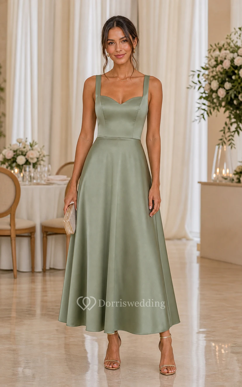 Sage Satin Square Neck A-Line Midi Dress