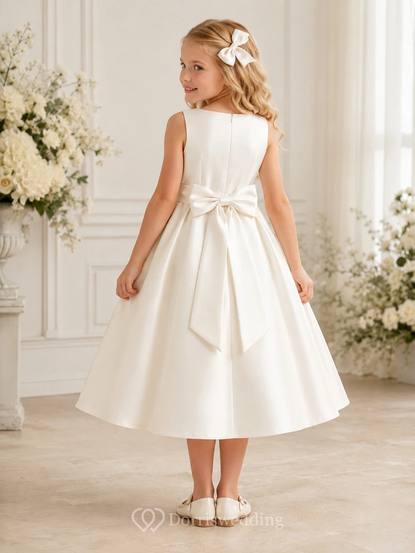 Robe de demoiselle d'honneur élégante en satin champagne, col carré, sans manches, nœud sur le devant, longueur thé, coupe trapèze, en satin, col rond, sans manches, longueur thé. view 2
