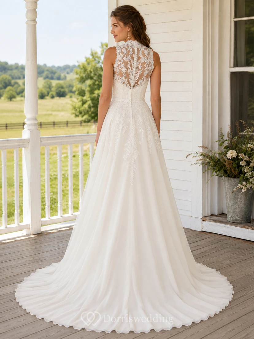 Modest High Neck Sleeveless Lace Tulle A-Line Illusion Back Country Gown view 2