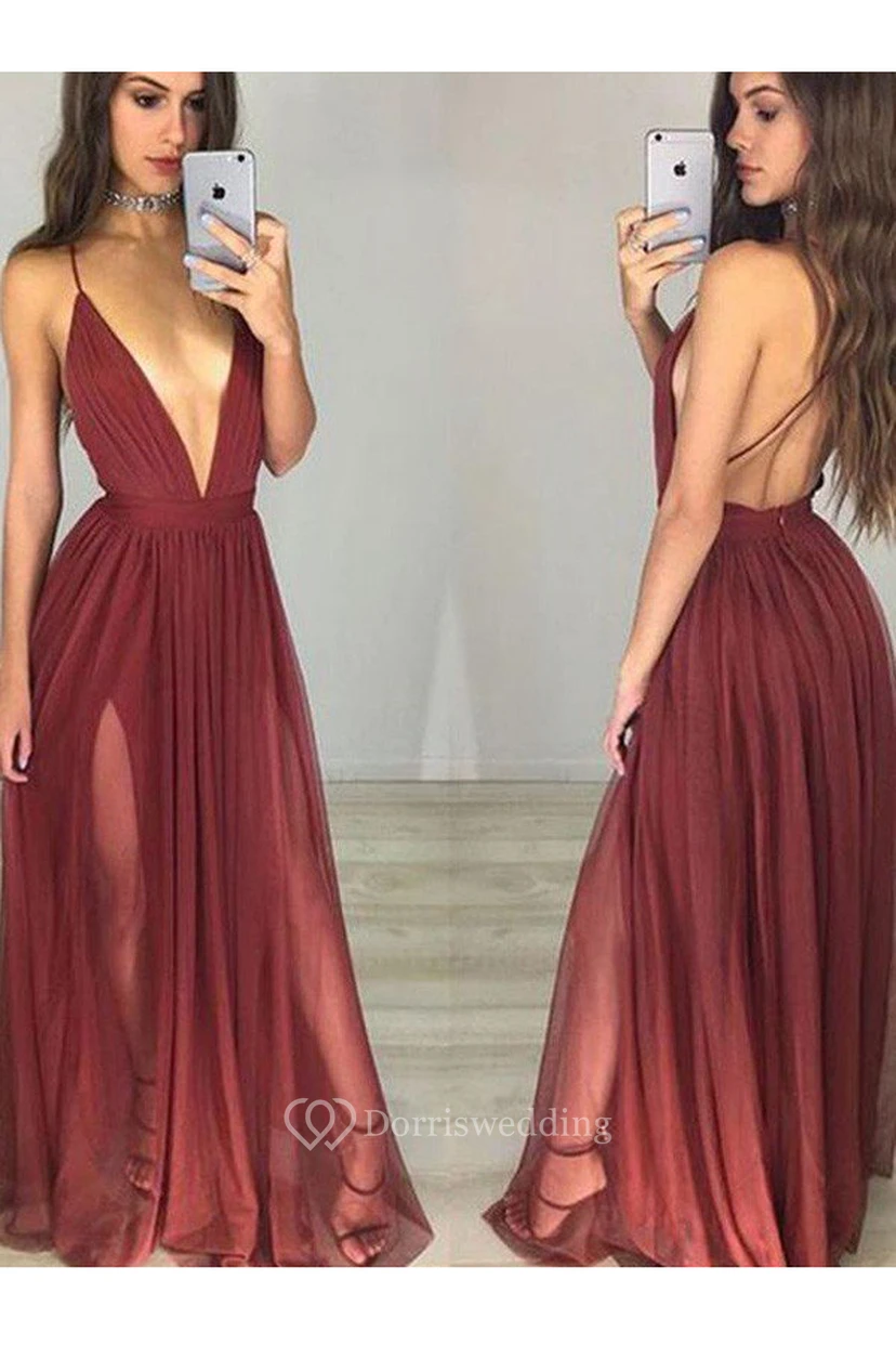 A-Line Chiffon Spaghetti Sleeveless Open Back Straps Dress