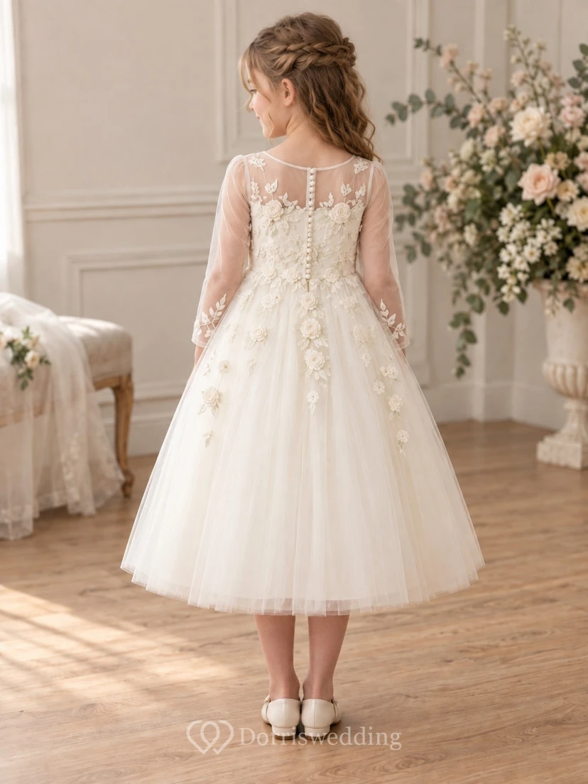 Square Neck Ivory Ankle-length Sleeveless Pink Floral Embroidered Tulle Flower Girl Dress view 2